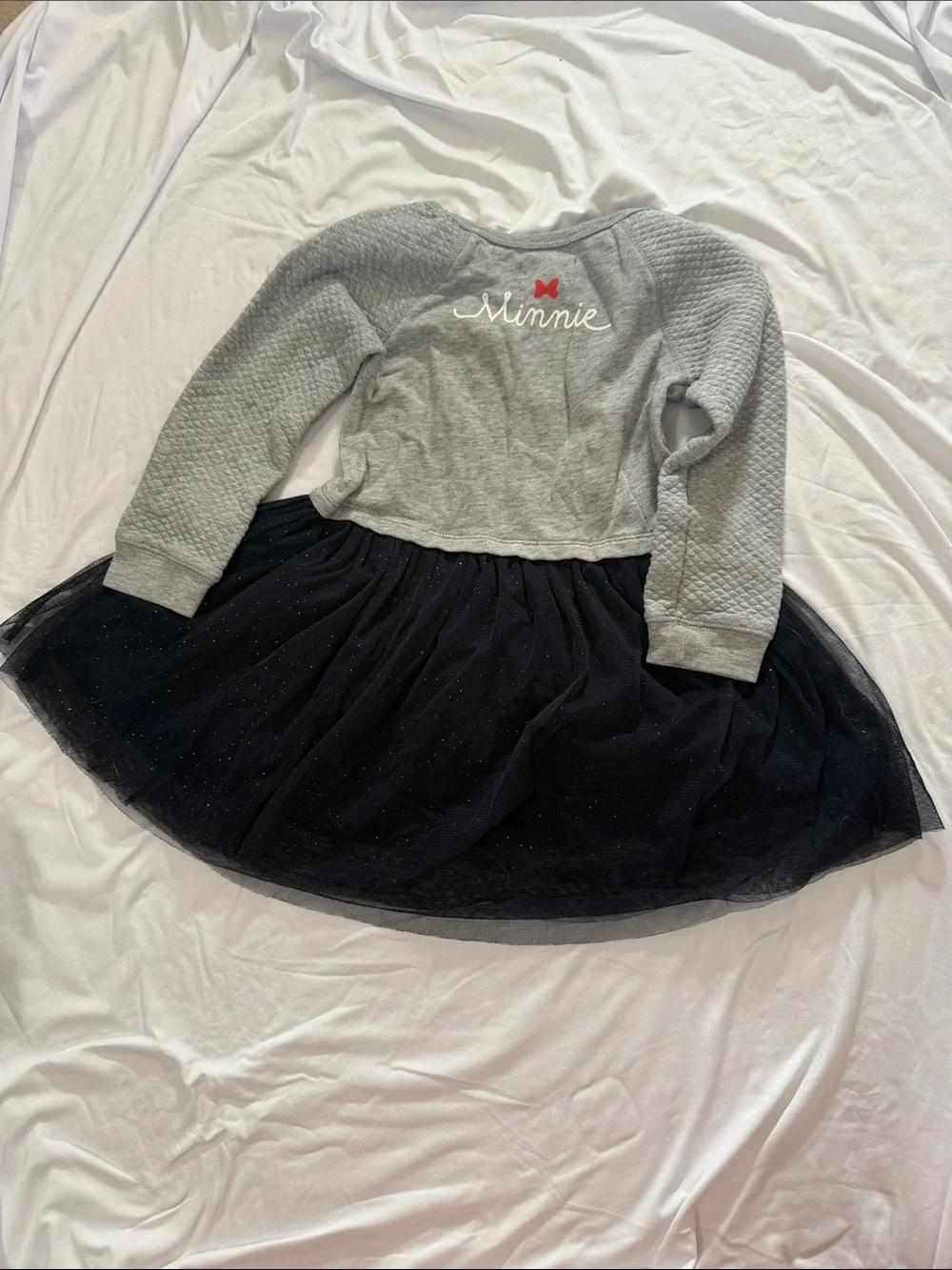 GAP Minnie Mouse Grey Dress with Black Sparkle Tulle Skirt and Red Polka Dot Bow